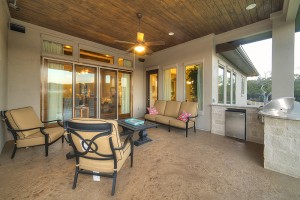 Patio on covered deck of new home on Lake Travis.