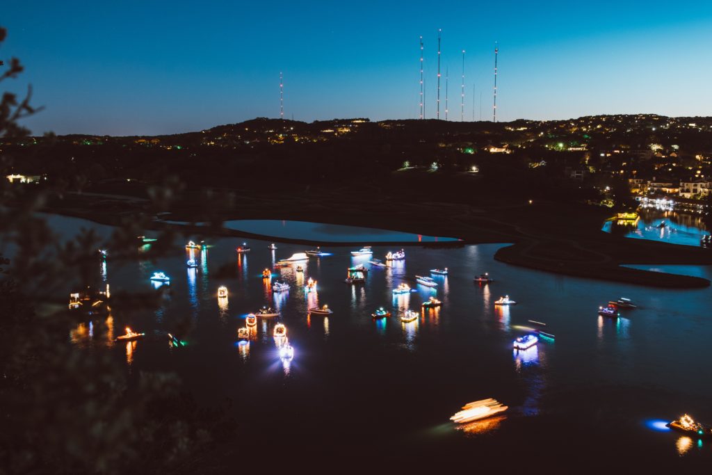 Boat Trail of Lights in Austin during winter.