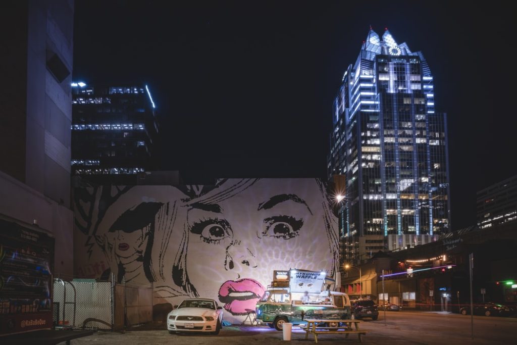 Wall mural in downtown Austin at night.