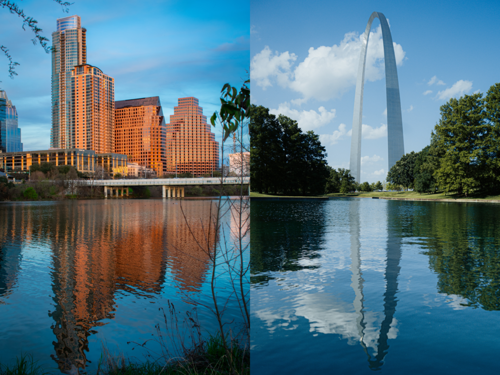 Image comparing Austin Texas and St. Louis Missouri.