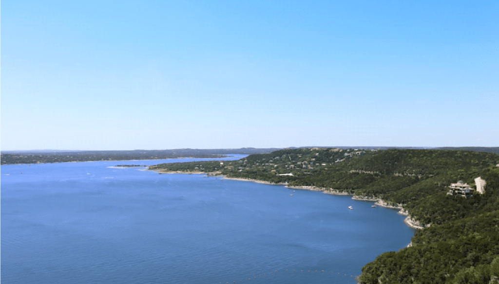 The view of Lake Travis from the Oasis near Austin, Texas.